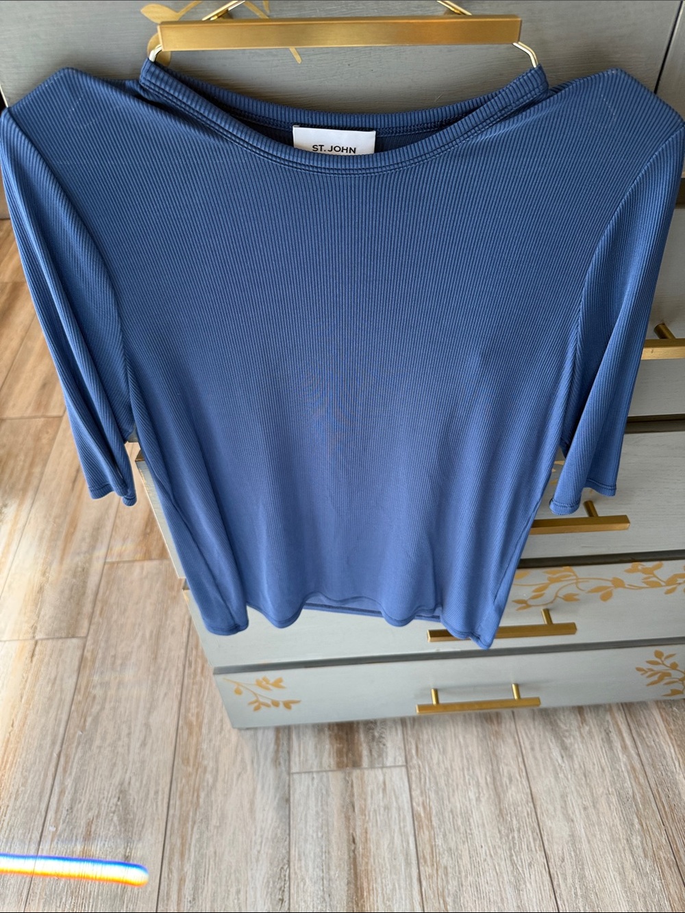 St. John Dusty Blue Ribbed Boatneck Short Sleeve Top